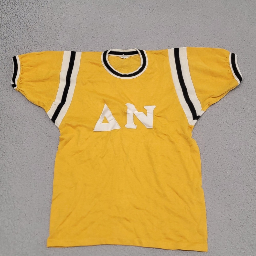 Vintage Delta Nu Greek Fraternity Shirt Mens Small Yellow "Penny" Jersey 70s